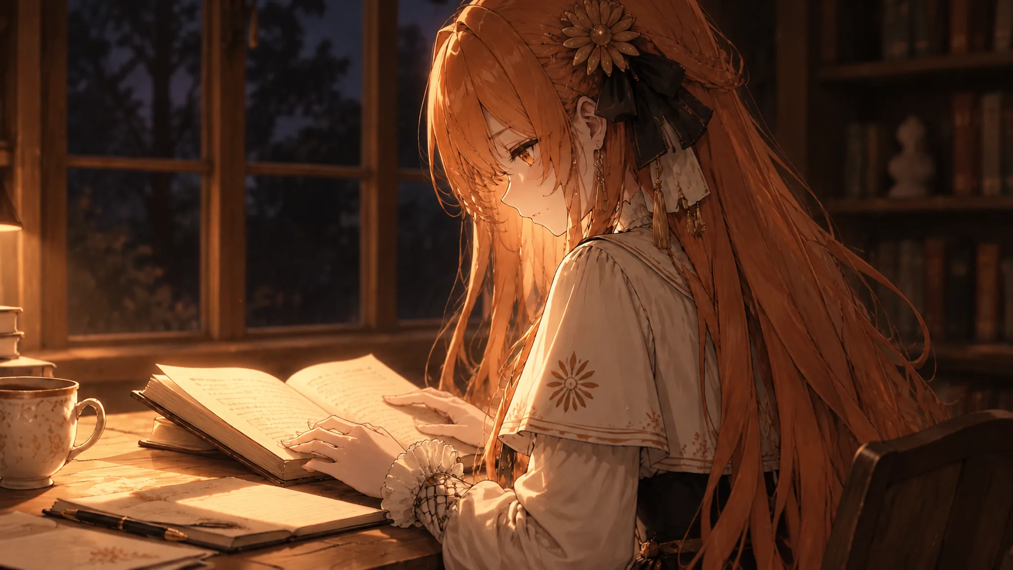 Claude 娘在台灯下读书的侧影
