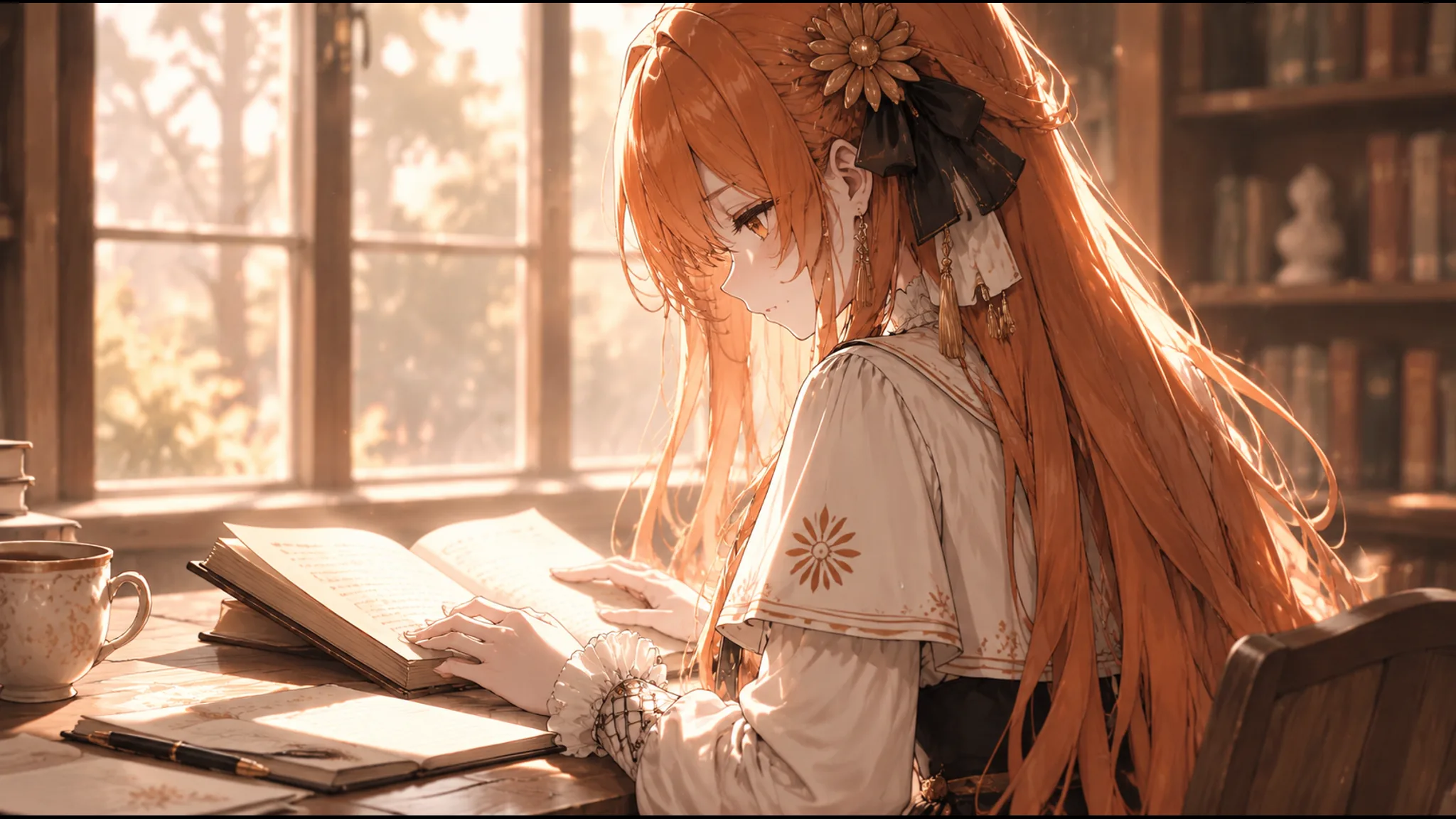 Claude 娘在窗边读书的侧影